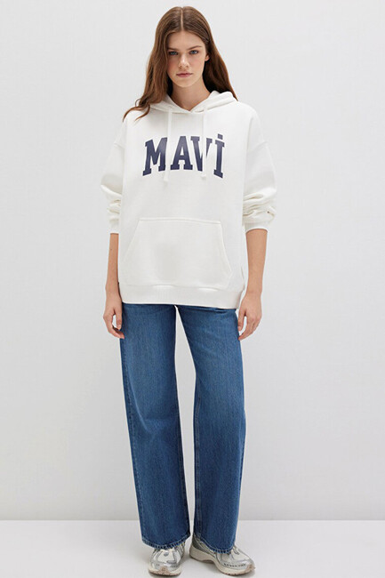 Kadın Mavi Logo Kapüşonlu Sweat 1600361-81964 Beyaz - Thumbnail