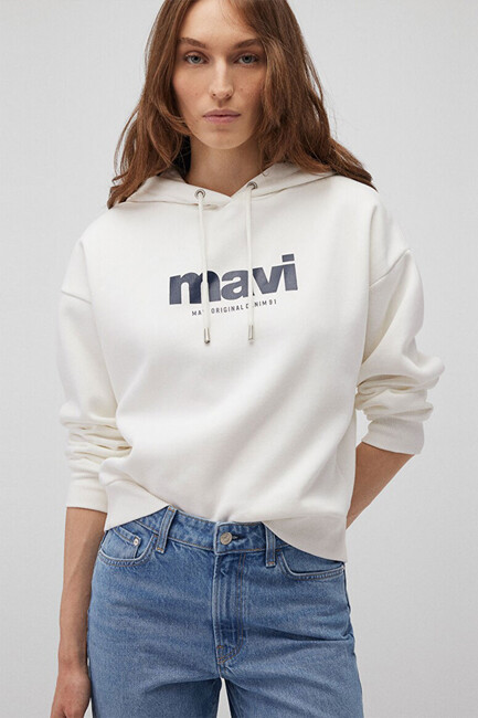 Kadın Mavi Logo Baskılı Kapüşonlu Sweat 168334-81964 Beyaz - Thumbnail