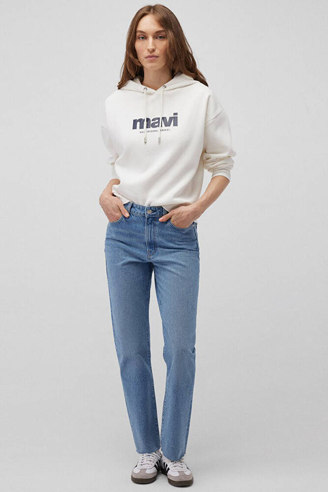 Kadın Mavi Logo Baskılı Kapüşonlu Sweat 168334-81964 Beyaz 