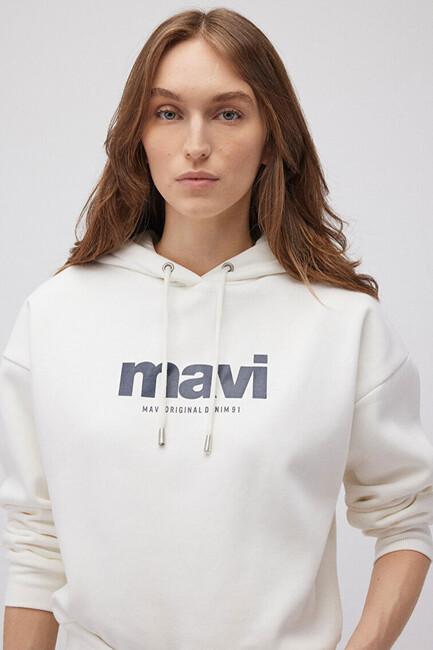Kadın Mavi Logo Baskılı Kapüşonlu Sweat 168334-81964 Beyaz - Thumbnail