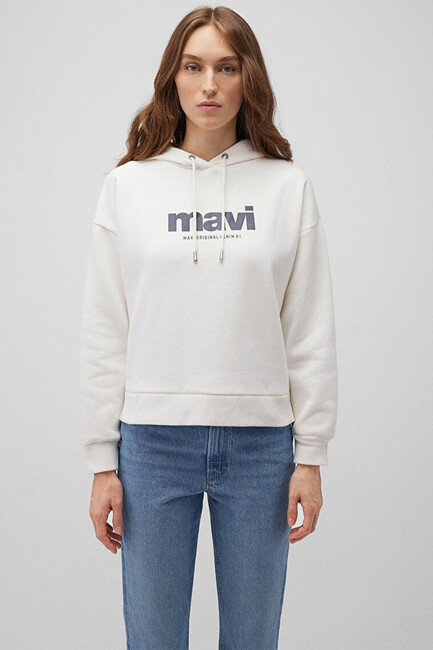 Kadın Mavi Logo Baskılı Kapüşonlu Sweat 168334-81964 Beyaz - Thumbnail