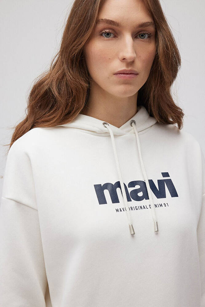Kadın Mavi Logo Baskılı Kapüşonlu Sweat 168334-81964 Beyaz 