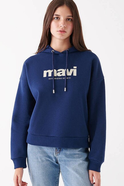 Kadın Mavi Logo Baskılı Kapüşonlu Sweatshırt 168334-70488 Lacivert - Thumbnail