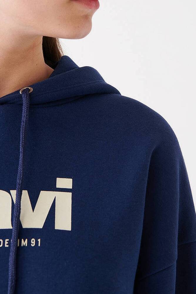 Kadın Mavi Logo Baskılı Kapüşonlu Sweatshırt 168334-70488 Lacivert 