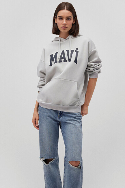 Kadın Mavi Logo Kapüşonlu Sweat 1600361-34322 Gri - Thumbnail