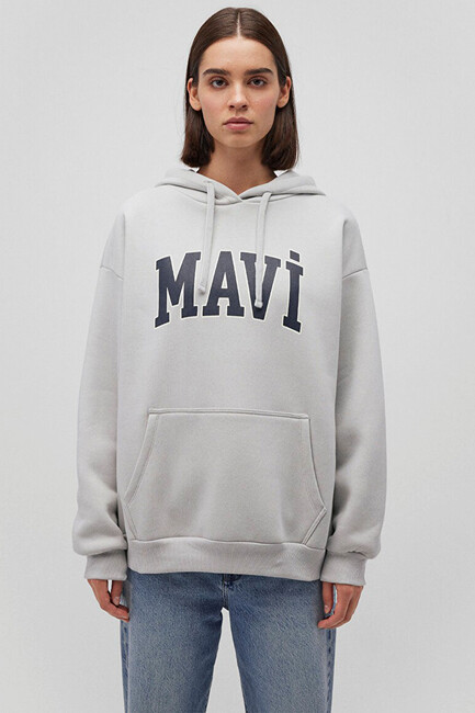 Kadın Mavi Logo Kapüşonlu Sweat 1600361-34322 Gri - Thumbnail