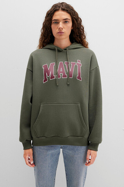 Kadın Mavi Logo Kapüşonlu Sweat 1600361-71581 Haki - Thumbnail