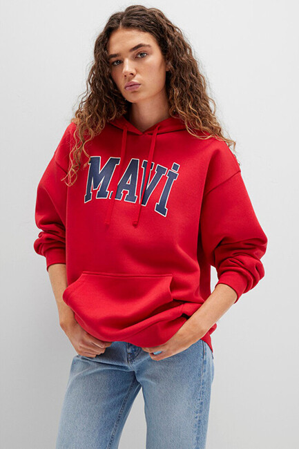 Kadın Mavi Logo Kapüşonlu Sweat 1600361-82054 Kırmızı - Thumbnail