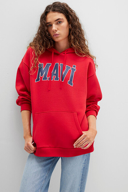 Kadın Mavi Logo Kapüşonlu Sweat 1600361-82054 Kırmızı - Thumbnail