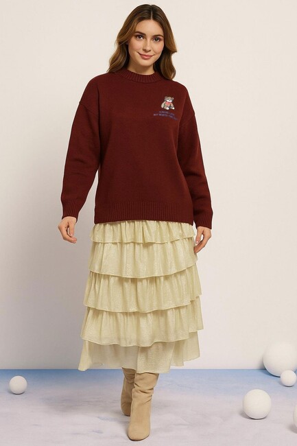 Kadın Nakışlı Kazak 25K0313K1 Bordo (1)