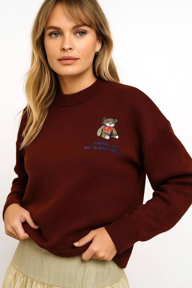 Kadın Nakışlı Kazak 25K0313K1 Bordo 