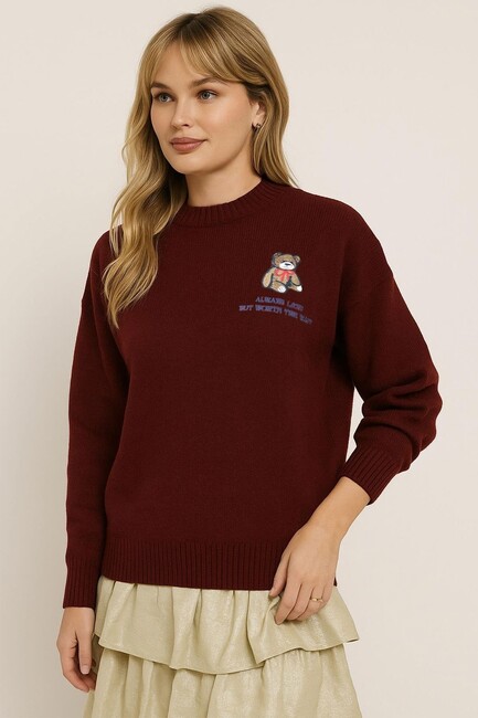 Kadın Nakışlı Kazak 25K0313K1 Bordo - Thumbnail