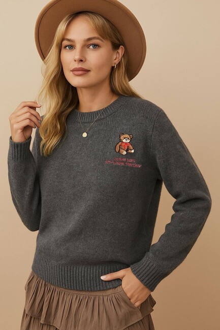 Kadın Nakışlı Kazak 25K0313K1 Gri (1)