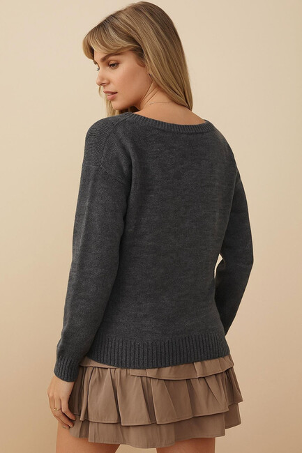 Kadın Nakışlı Kazak 25K0313K1 Gri - Thumbnail