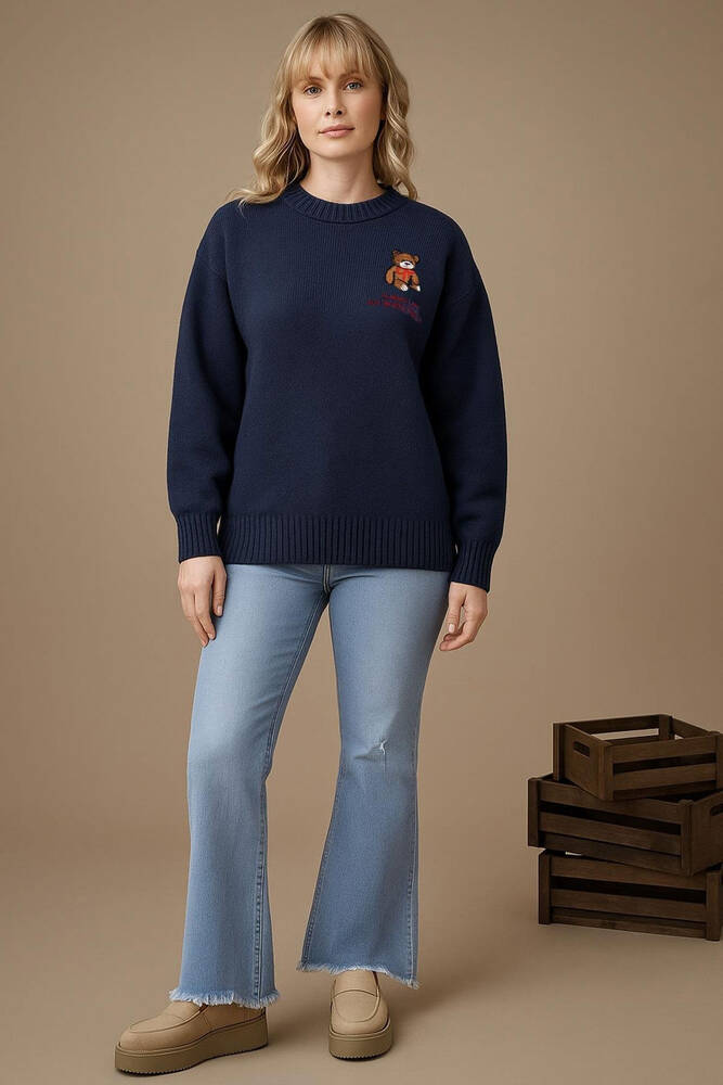 Kadın Nakışlı Kazak 25K0313K1 Mavi 