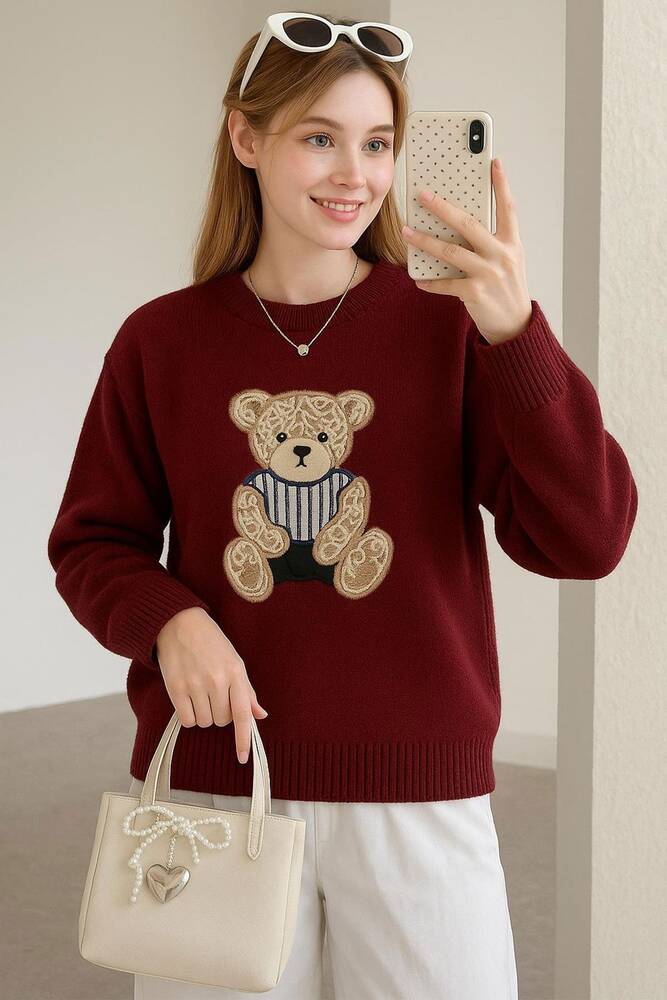 Kadın Nakışlı Kazak 25K0314K1 Bordo  Kadın Nakışlı Kazak 25K0314K1 Bordo