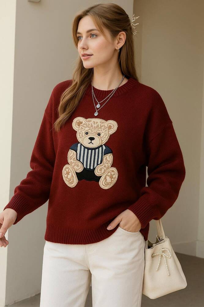 Kadın Nakışlı Kazak 25K0314K1 Bordo  Kadın Nakışlı Kazak 25K0314K1 Bordo