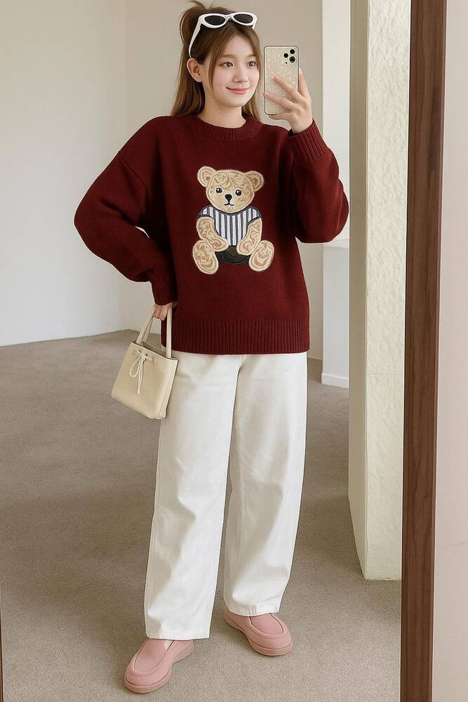 Kadın Nakışlı Kazak 25K0314K1 Bordo  Kadın Nakışlı Kazak 25K0314K1 Bordo