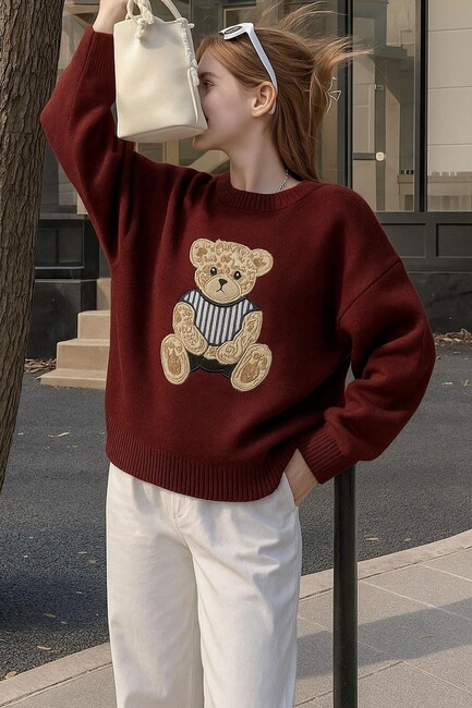 Kadın Nakışlı Kazak 25K0314K1 Bordo - Thumbnail