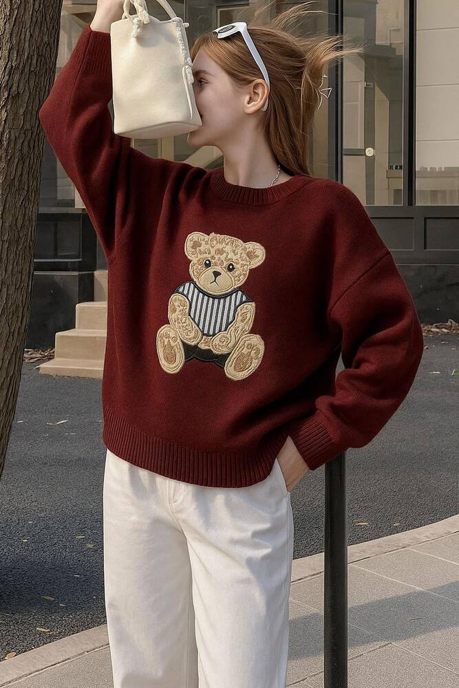 Kadın Nakışlı Kazak 25K0314K1 Bordo  Kadın Nakışlı Kazak 25K0314K1 Bordo