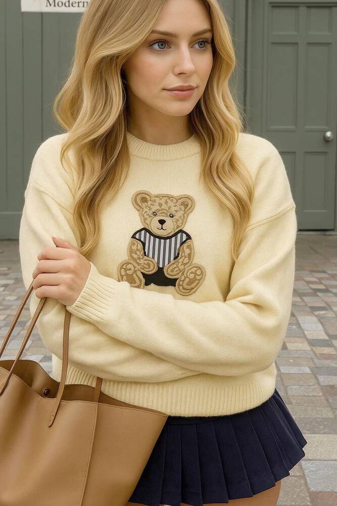 Kadın Nakışlı Kazak 25K0314K1 Ekru  Kadın Nakışlı Kazak 25K0314K1 Ekru