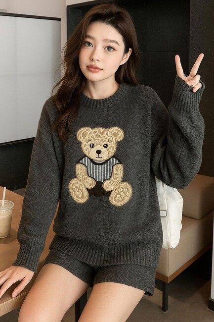 Fashion Friends - Kadın Nakışlı Kazak 25K0314K1 Gri  Kadın Nakışlı Kazak 25K0314K1 Gri