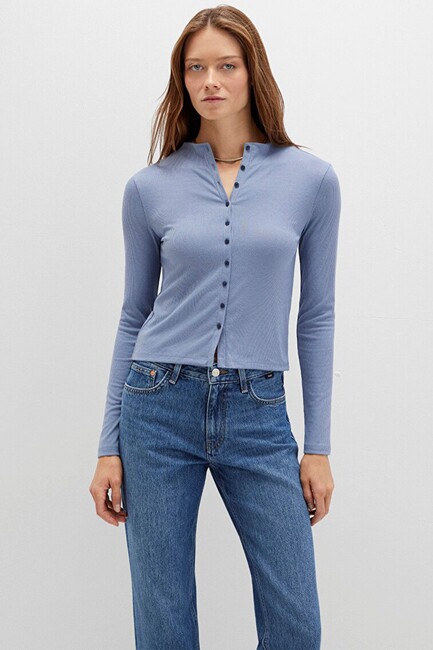 Kadın Önü Düğmeli Modelli Penye 1613695-86802 Mavi (1)