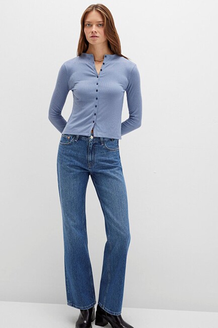 Kadın Önü Düğmeli Modelli Penye 1613695-86802 Mavi (2)