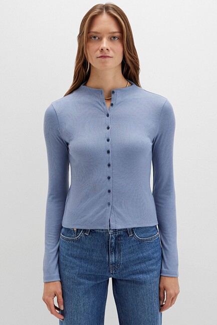 Kadın Önü Düğmeli Modelli Penye 1613695-86802 Mavi (3)