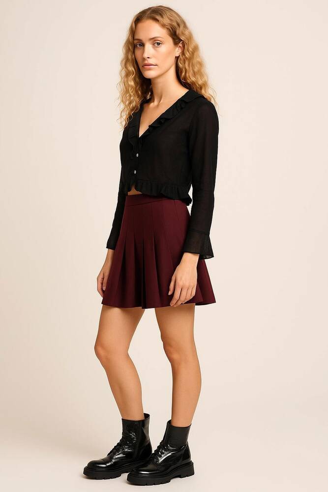 Kadın Pilili Mini Etek 25K0323K1 Bordo 