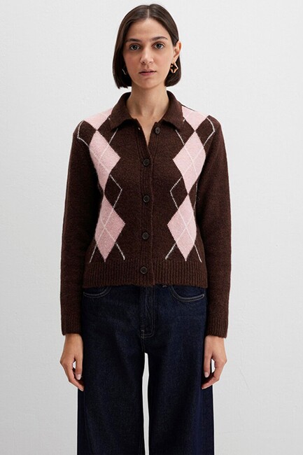 Kadın Polo Yaka Hırka 1710825-70244 Kahve - Thumbnail