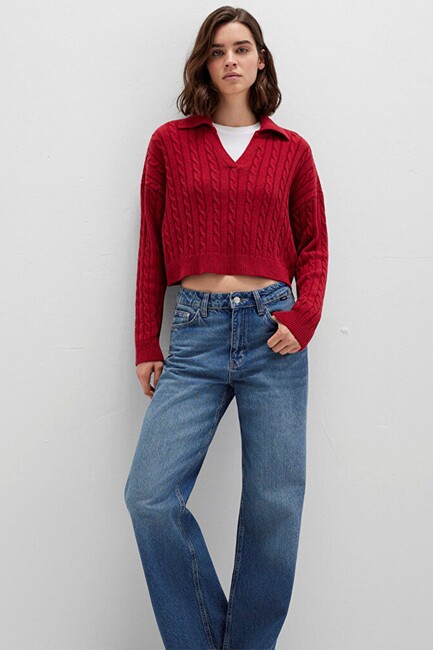 Kadın Polo Yaka Kazak 1710717-70391 Kırmızı (1)