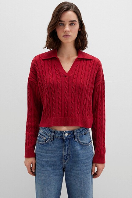 Kadın Polo Yaka Kazak 1710717-70391 Kırmızı - Thumbnail