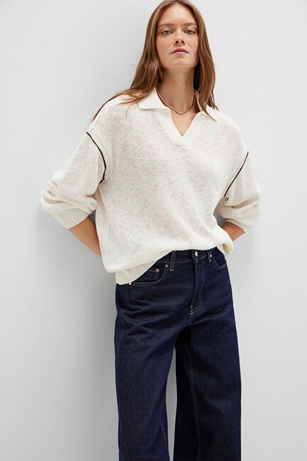 Kadın Polo Yaka Kazak 1710834-91338 Ekru (1)