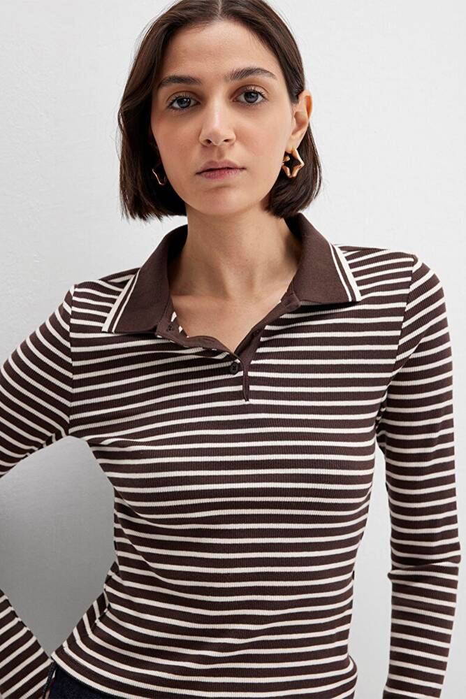 Kadın Polo Yaka Modelli Penye 1613836-91456 Kahve 