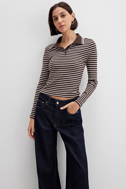 Kadın Polo Yaka Modelli Penye 1613836-91456 Kahve (2)