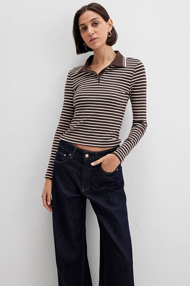 Kadın Polo Yaka Modelli Penye 1613836-91456 Kahve 