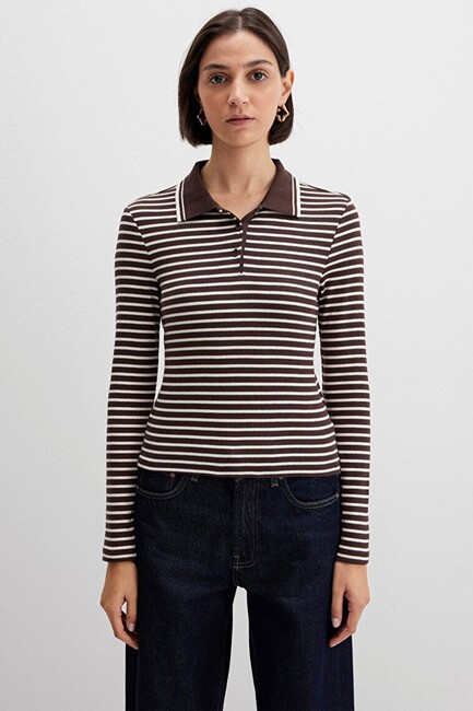 Kadın Polo Yaka Modelli Penye 1613836-91456 Kahve (3)