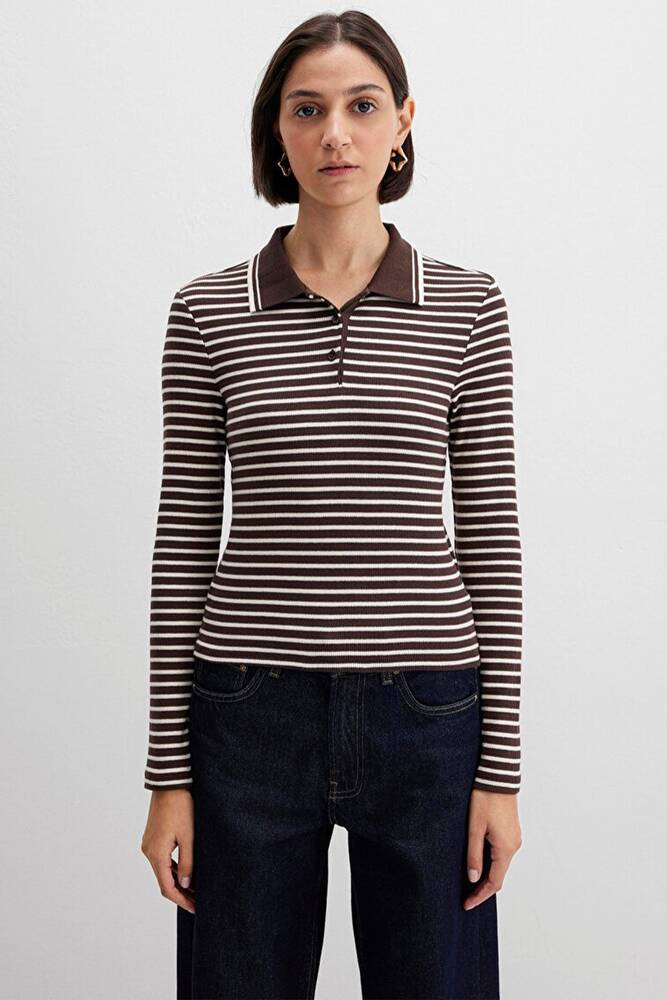 Kadın Polo Yaka Modelli Penye 1613836-91456 Kahve 