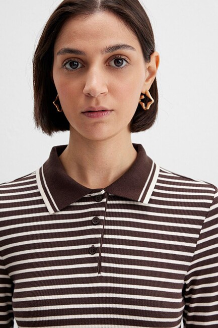 Kadın Polo Yaka Modelli Penye 1613836-91456 Kahve - Thumbnail