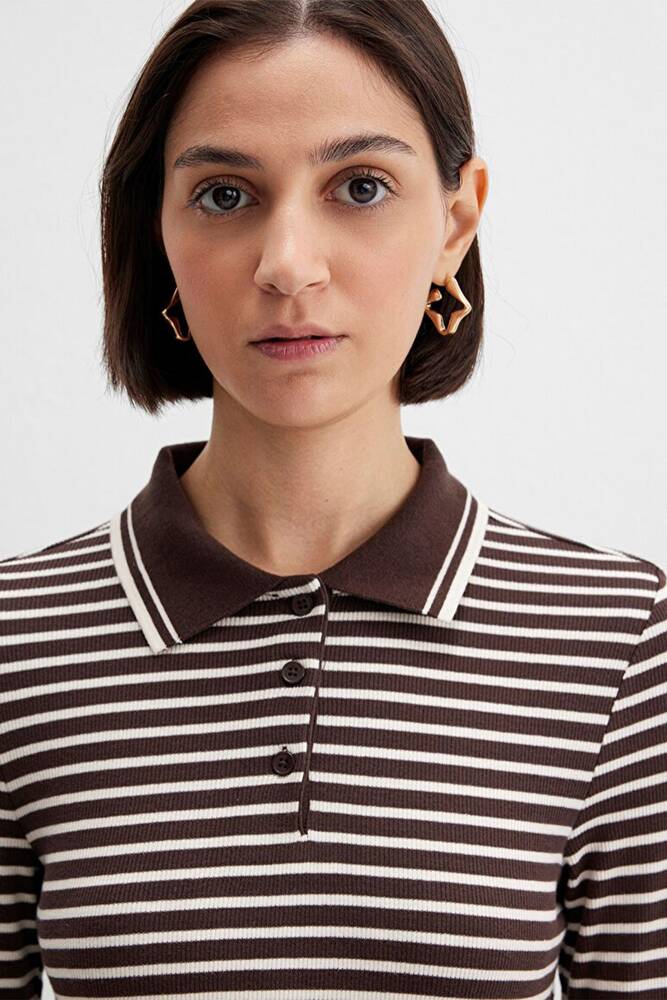 Kadın Polo Yaka Modelli Penye 1613836-91456 Kahve 