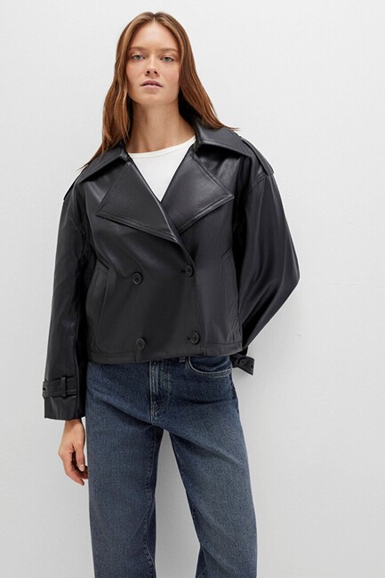 Kadın PU Kısa Ceket 1110709-900 Siyah - Thumbnail