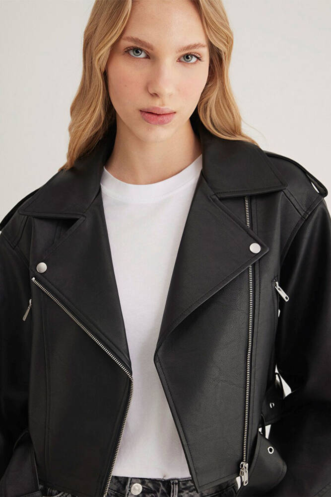 Kadın Suni Deri Crop Ceket 1110375-900 Siyah 