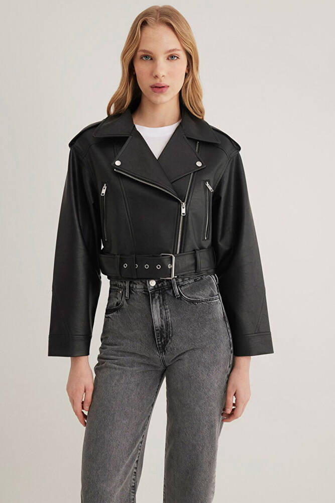 Kadın Suni Deri Crop Ceket 1110375-900 Siyah 