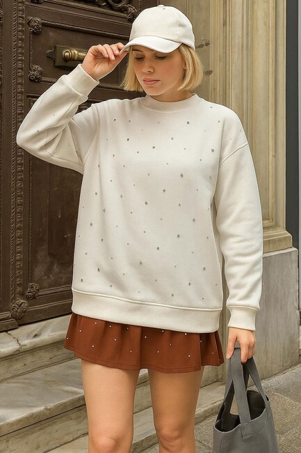Kadın Taşlı Sweatshirt 25K0099K1 Ekru (1)