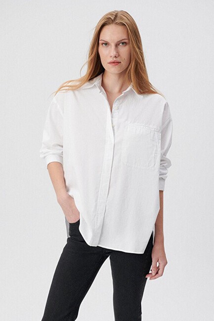 Kadın Uzun Kol Cepli Gömlek 1210613-70057 Beyaz - Thumbnail