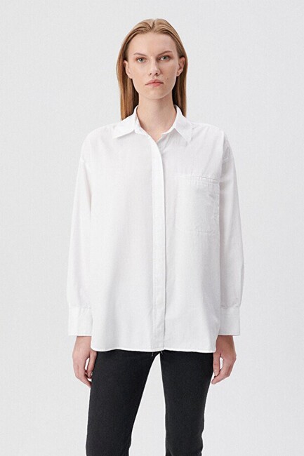 Kadın Uzun Kol Cepli Gömlek 1210613-70057 Beyaz - Thumbnail