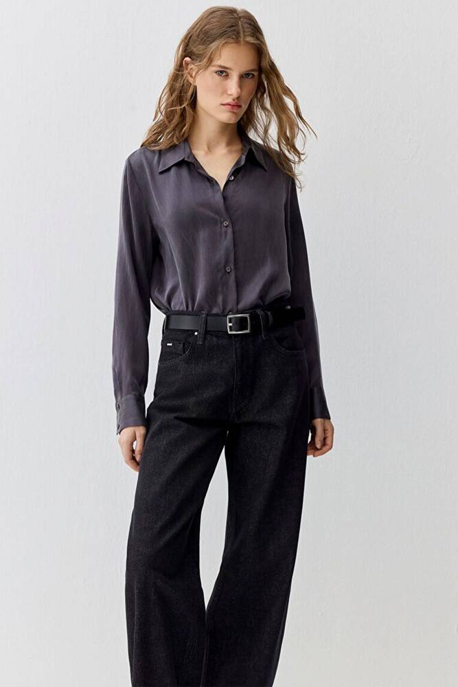 Kadın Uzun Kollu Dokuma Gömlek 1211269-70087 Gri 