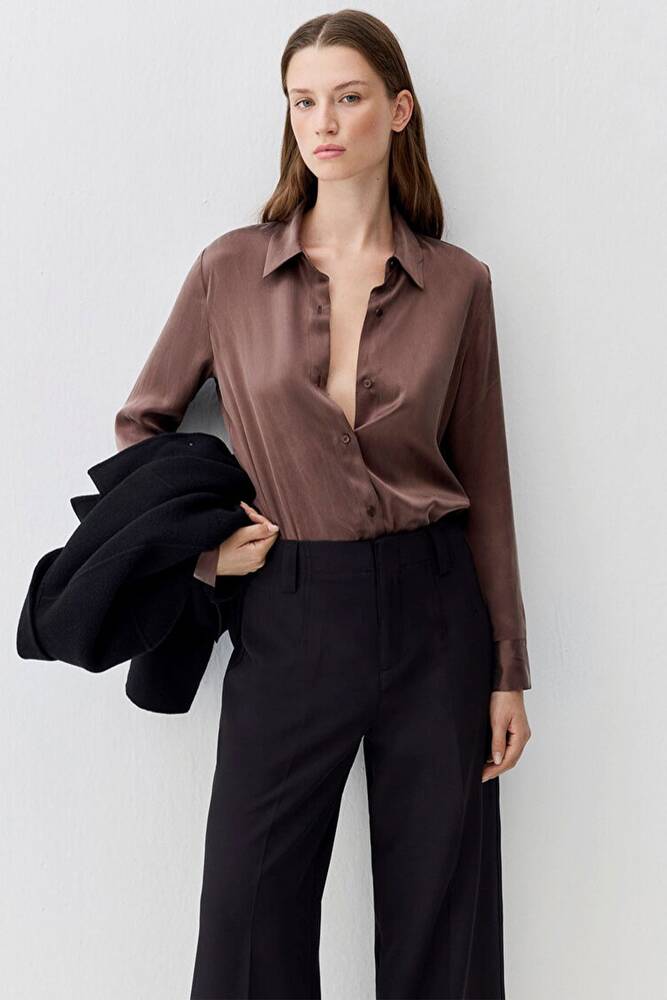 Kadın Uzun Kollu Dokuma Gömlek 1211269-87537 Kahve 