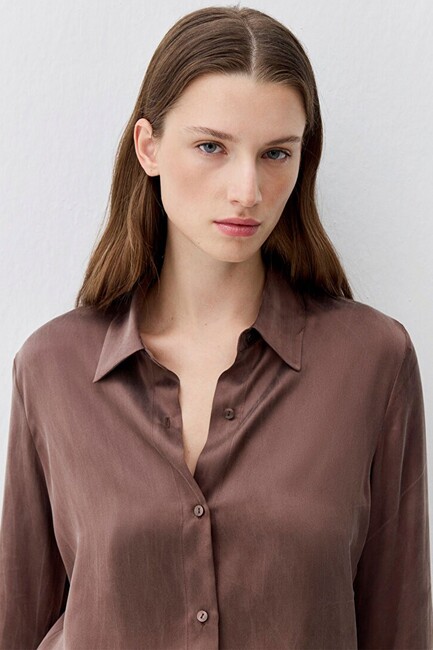 Kadın Uzun Kollu Dokuma Gömlek 1211269-87537 Kahve (3)